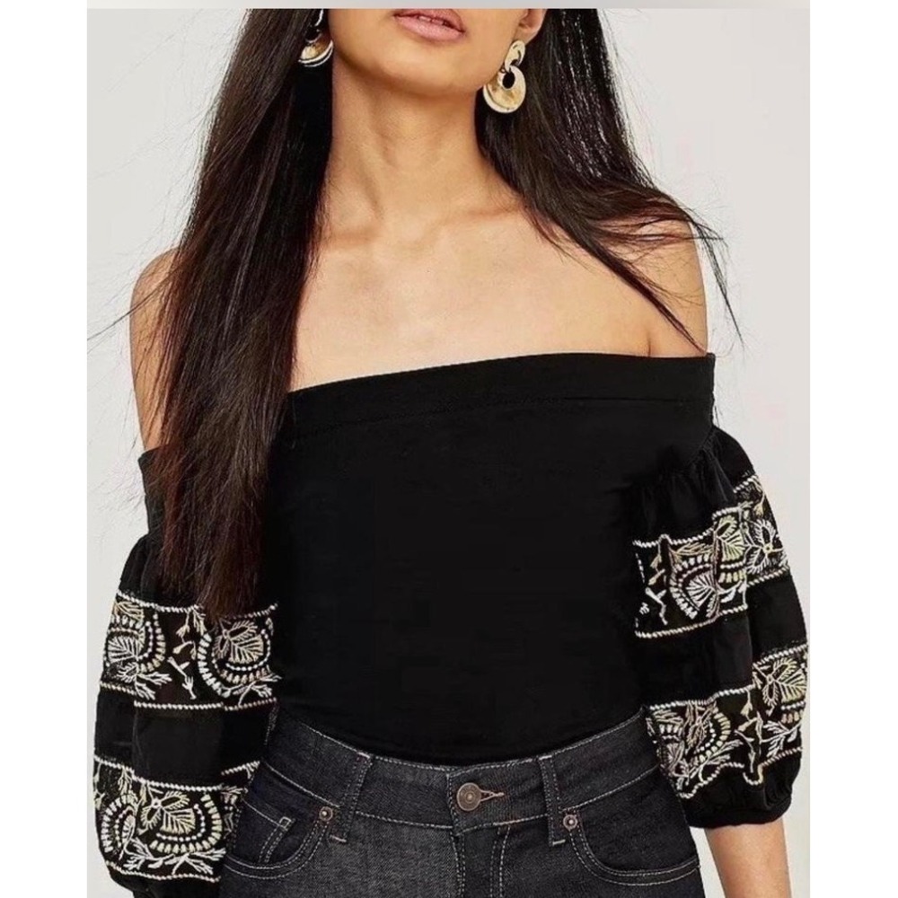 Free People Rock With It Off-The-Shoulder Embroidered Puff Sleeve Top Black S